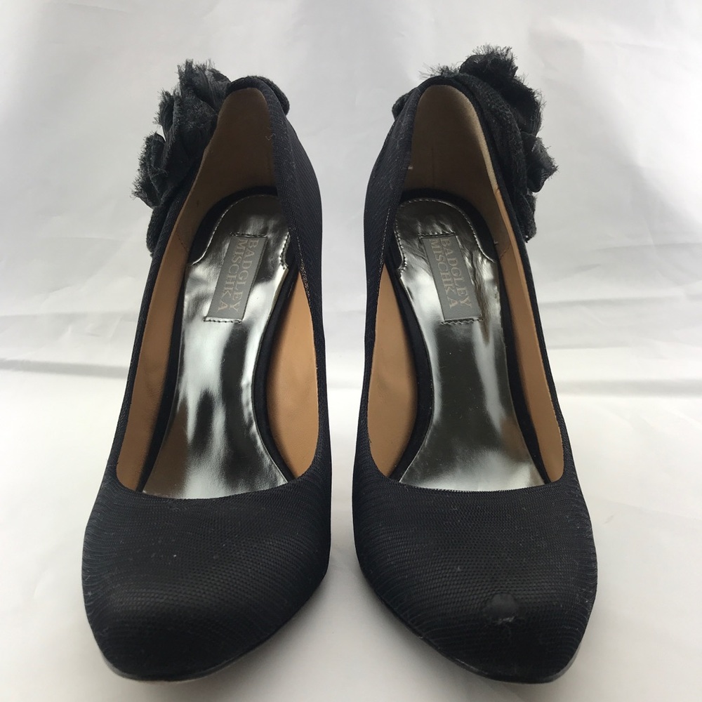 Badgley Mischka black heels with flower accent